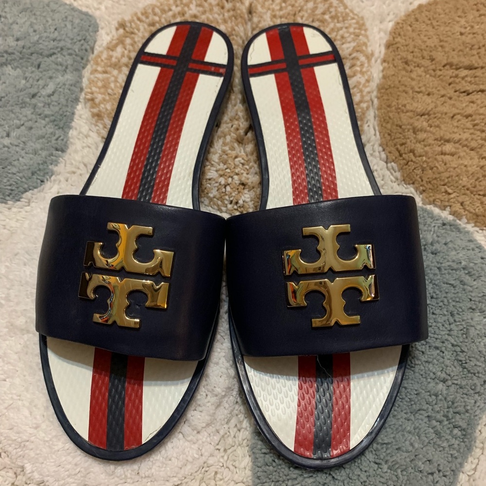 Tory Burch Leather Slides Navy Blue